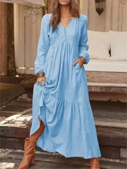 Women's Long Sleeve Dress | V Neck, Tiered Maxi Skirt