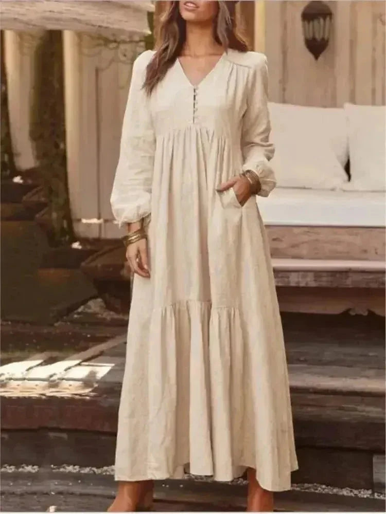 Women's Long Sleeve Dress | V Neck, Tiered Maxi Skirt