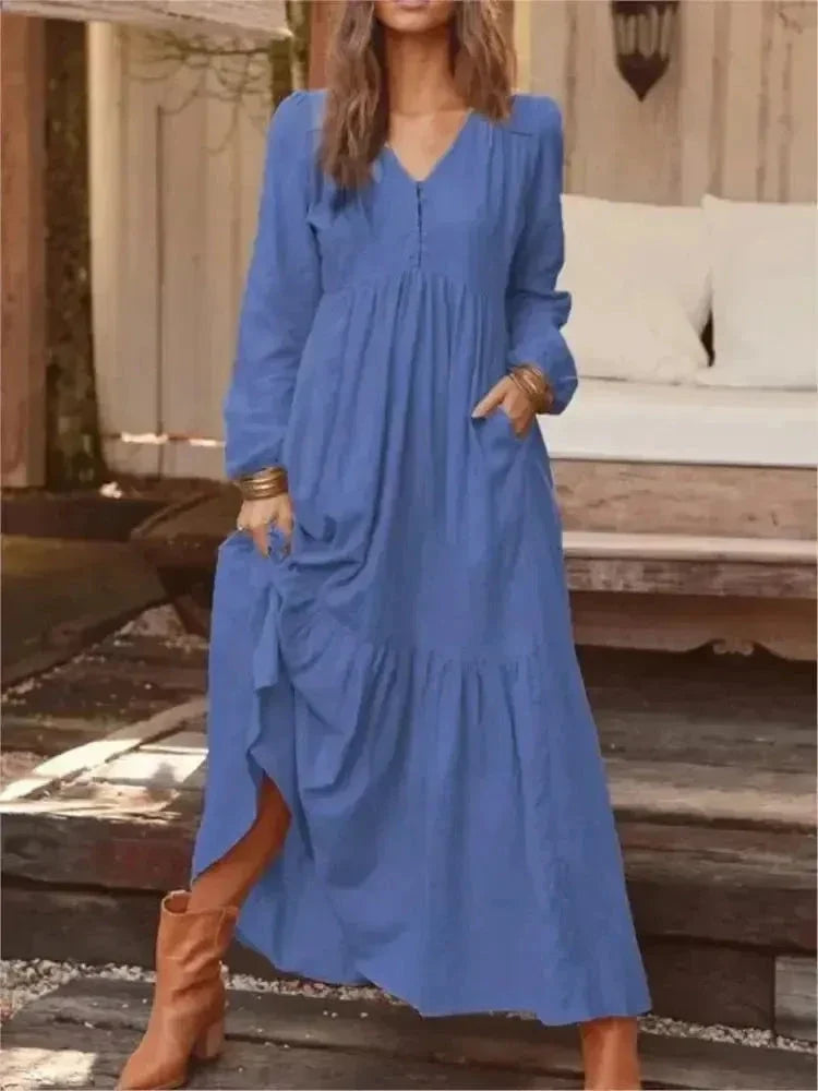 Women's Long Sleeve Dress | V Neck, Tiered Maxi Skirt
