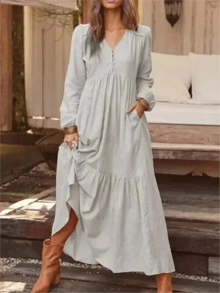 Women's Long Sleeve Dress | V Neck, Tiered Maxi Skirt