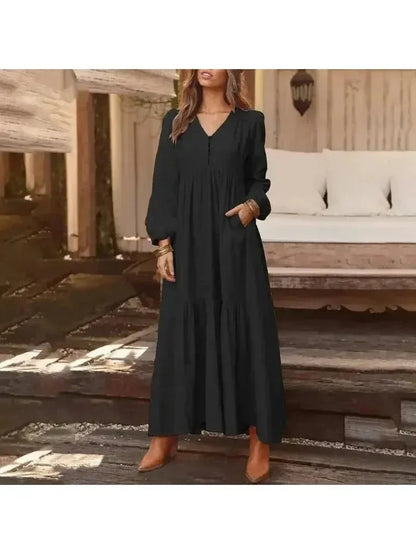 Women's Long Sleeve Dress | V Neck, Tiered Maxi Skirt