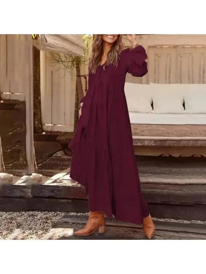 Women's Long Sleeve Dress | V Neck, Tiered Maxi Skirt