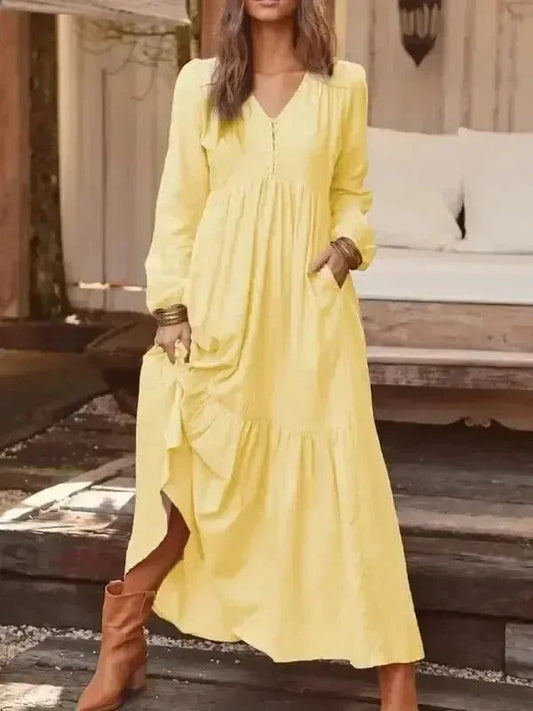 Women's Long Sleeve Dress | V Neck, Tiered Maxi Skirt