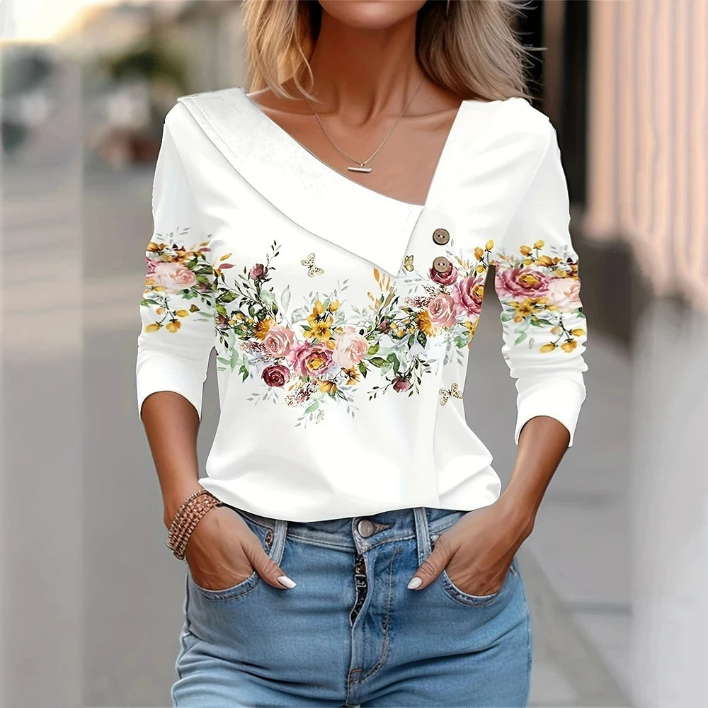 Women's Long Sleeve Top | Asymmetric Neck, Floral Band