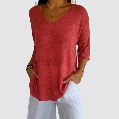 Women's Long Sleeve Top | Deep V Neck, Ribbed Cuffs