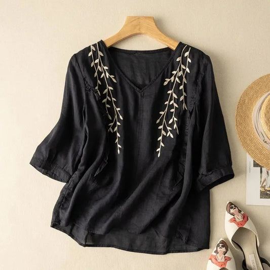 Women's Long Sleeve Top | V Neck, Embroidered Leaf Sprigs