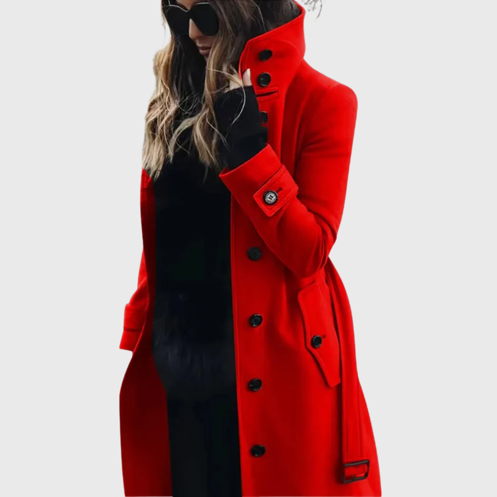 Women's Longline Winter Coat | Stand Collar & Cuff Strap Detail