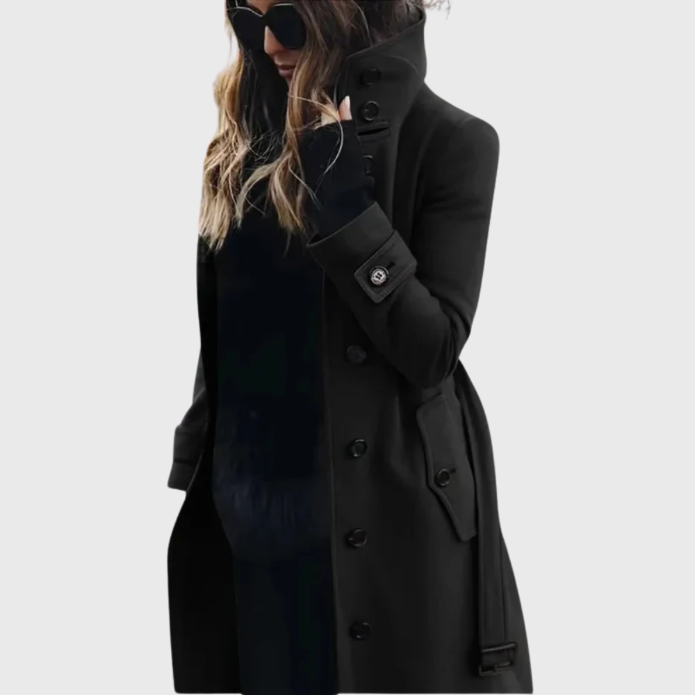 Women's Longline Winter Coat | Stand Collar & Cuff Strap Detail