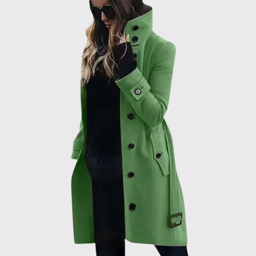 Women's Longline Winter Coat | Stand Collar & Cuff Strap Detail