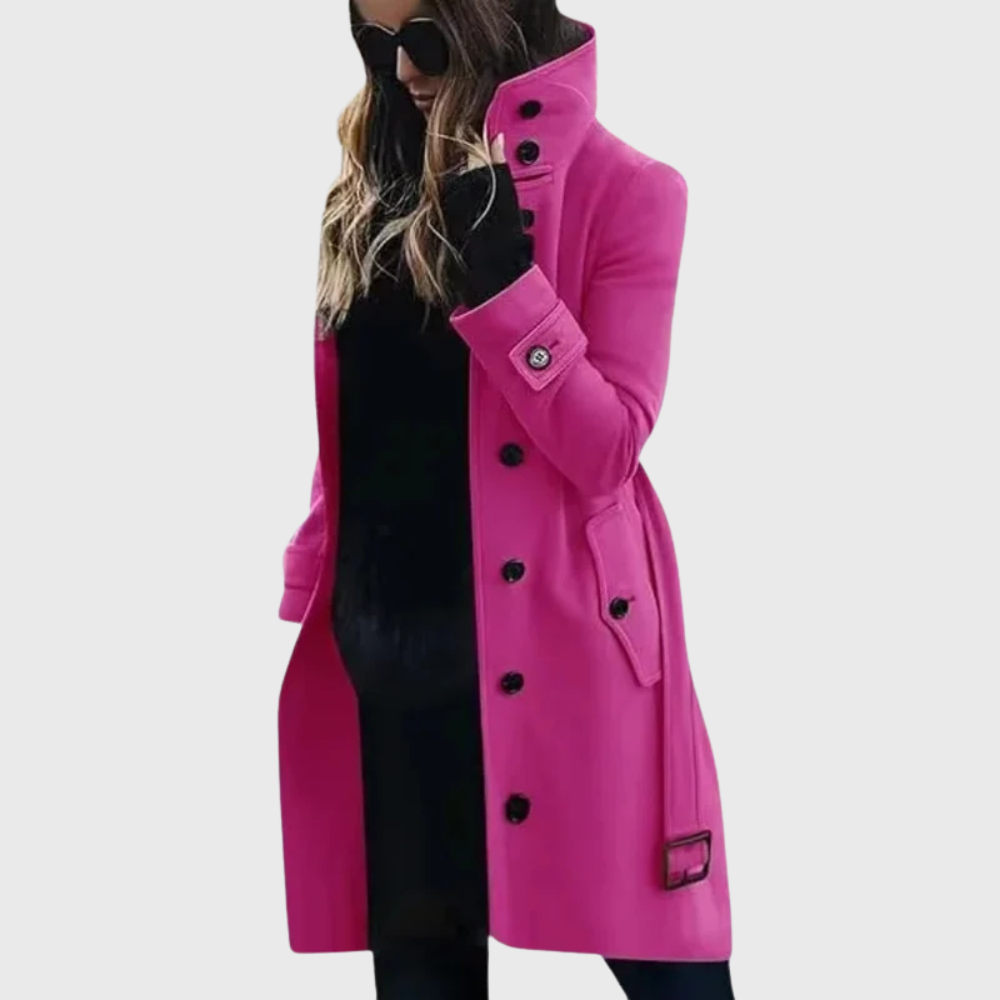 Women's Longline Winter Coat | Stand Collar & Cuff Strap Detail