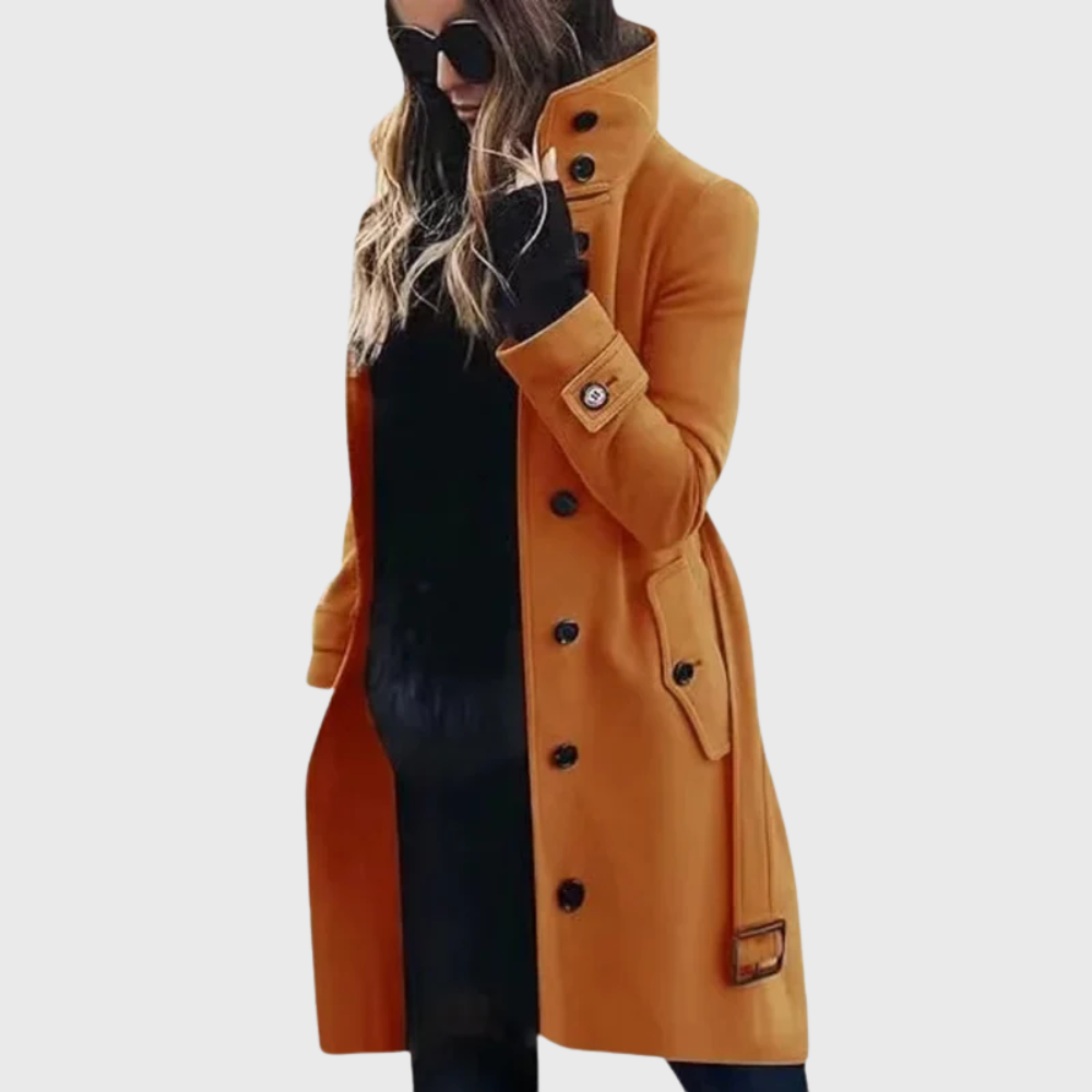 Women's Longline Winter Coat | Stand Collar & Cuff Strap Detail