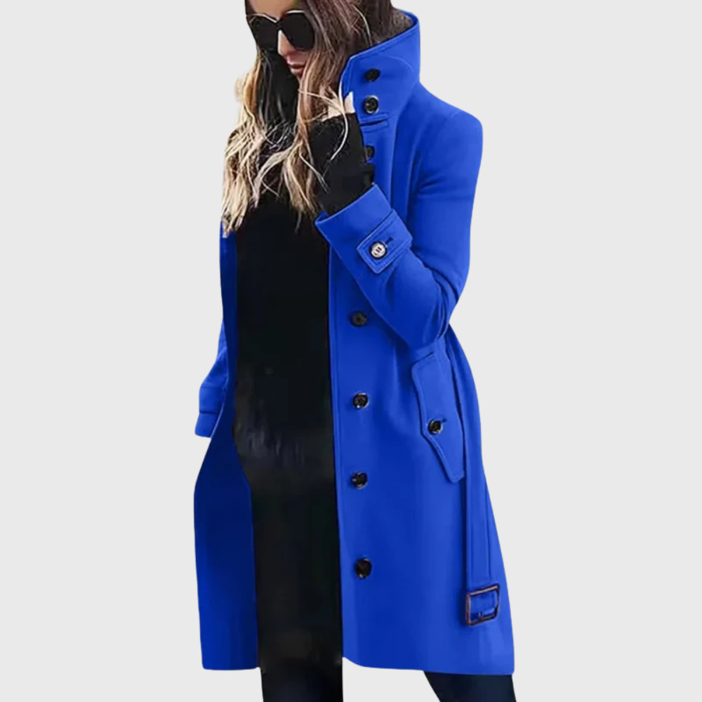 Women's Longline Winter Coat | Stand Collar & Cuff Strap Detail