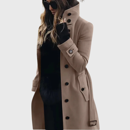 Women's Longline Winter Coat | Stand Collar & Cuff Strap Detail