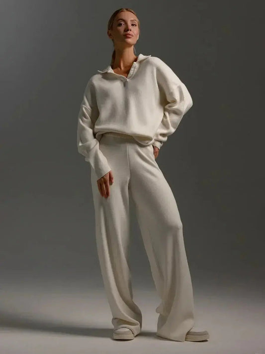 Women's Lounge Set | Quarter Zip Top, Wide Leg Trousers