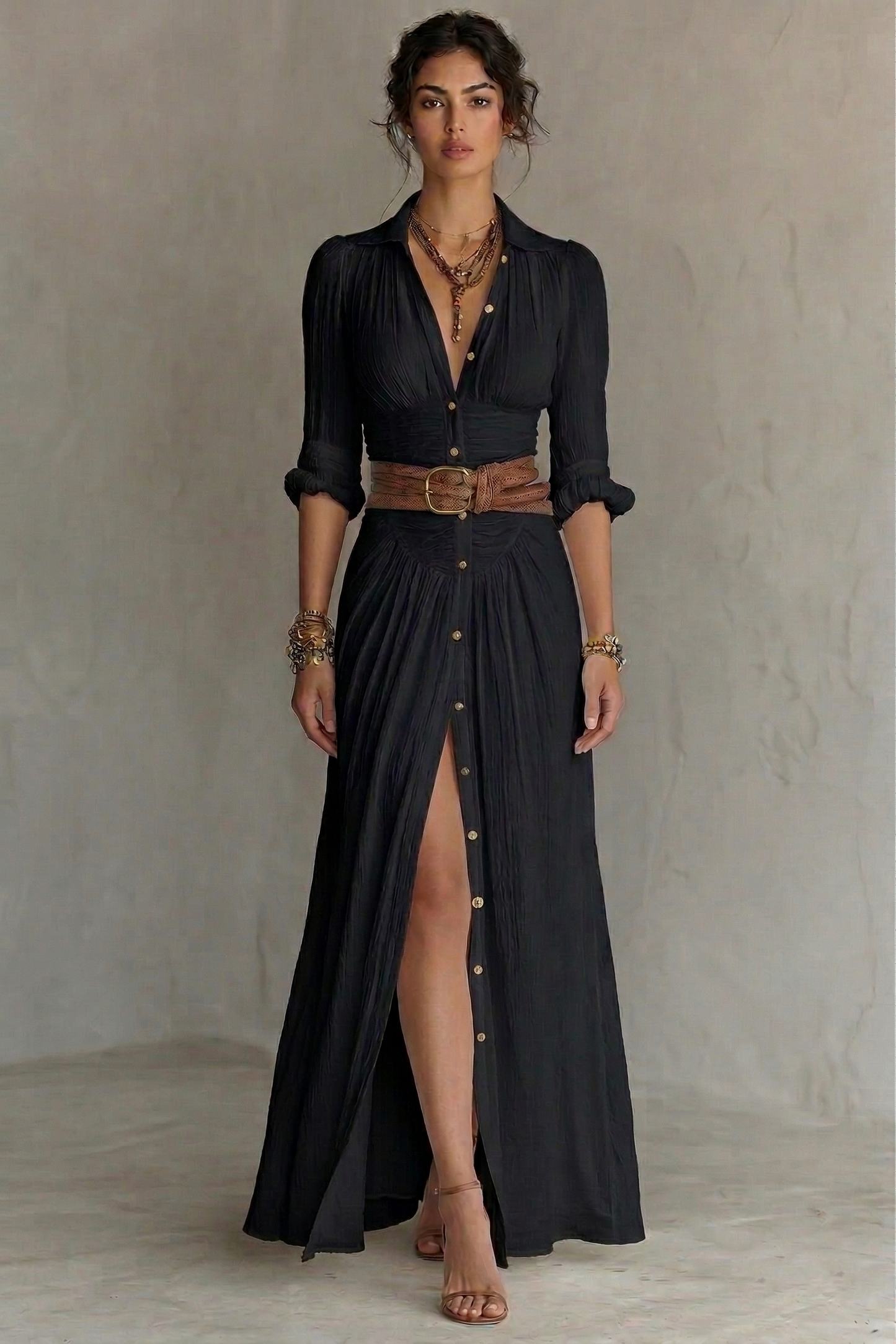 Women's Maxi Dress | Belted V-Neck Pleated & Front Slit