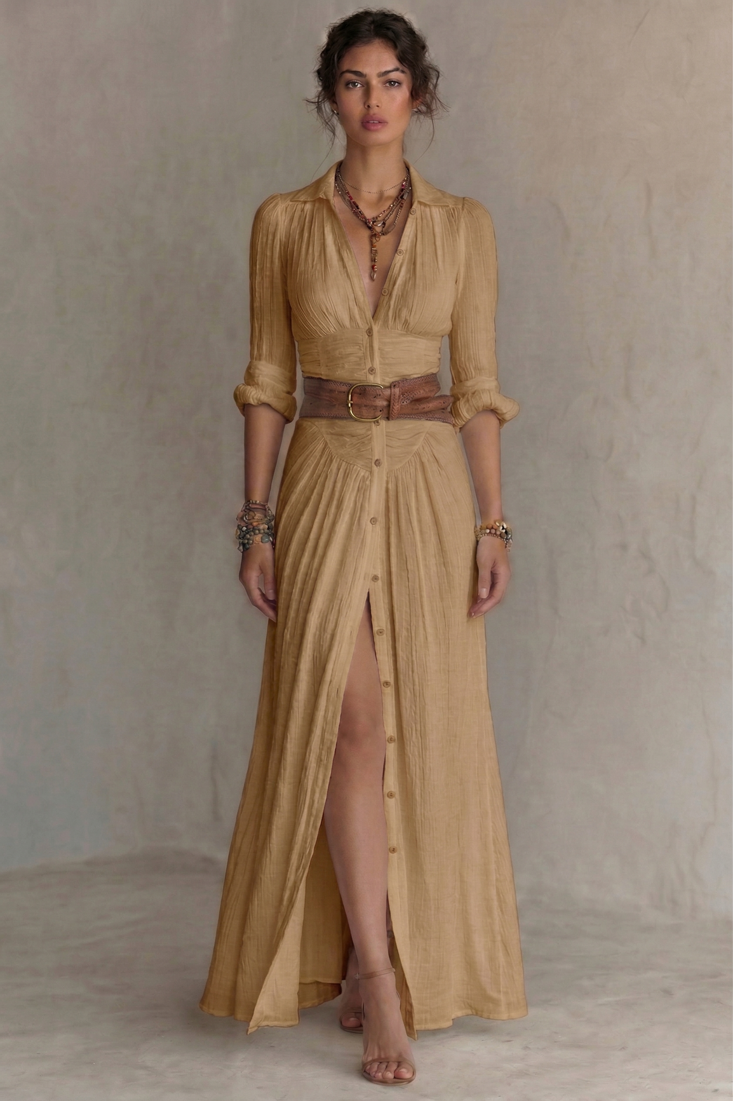 Women's Maxi Dress | Belted V-Neck Pleated & Front Slit