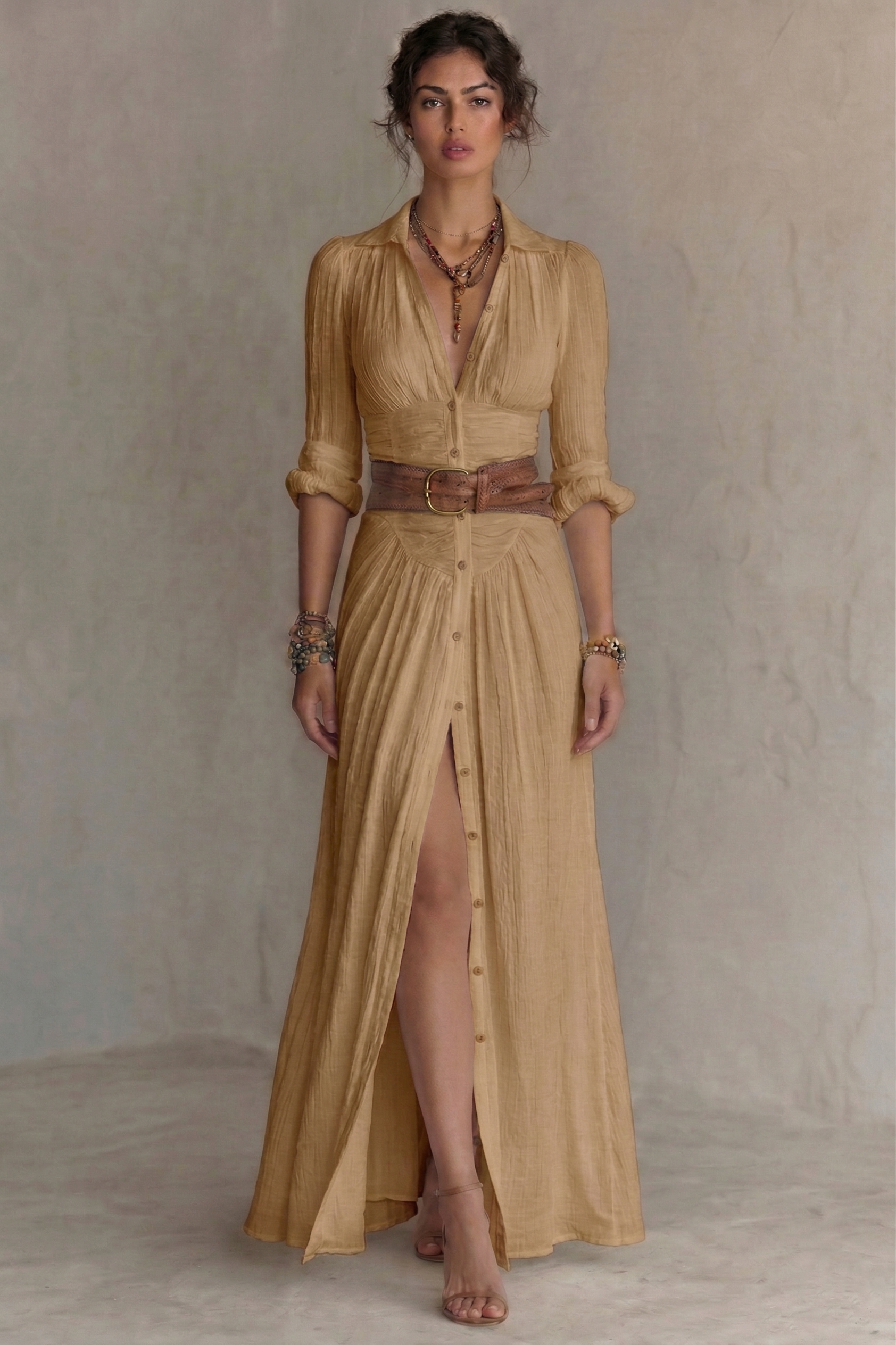 Women's Maxi Dress | Belted V-Neck Pleated & Front Slit