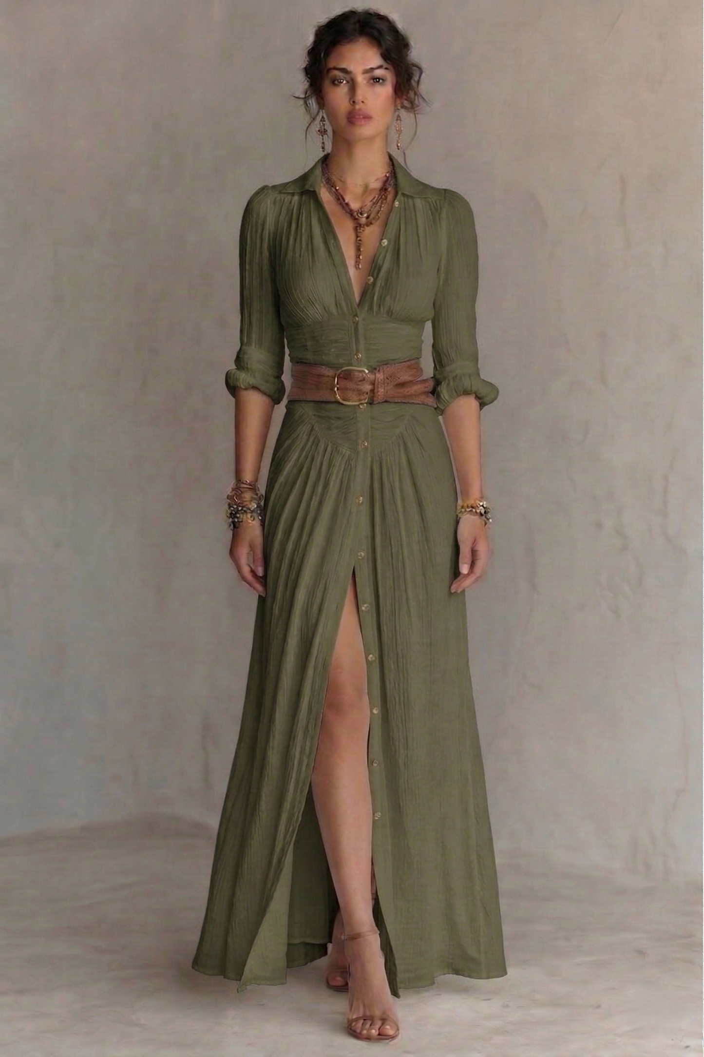 Women's Maxi Dress | Belted V-Neck Pleated & Front Slit