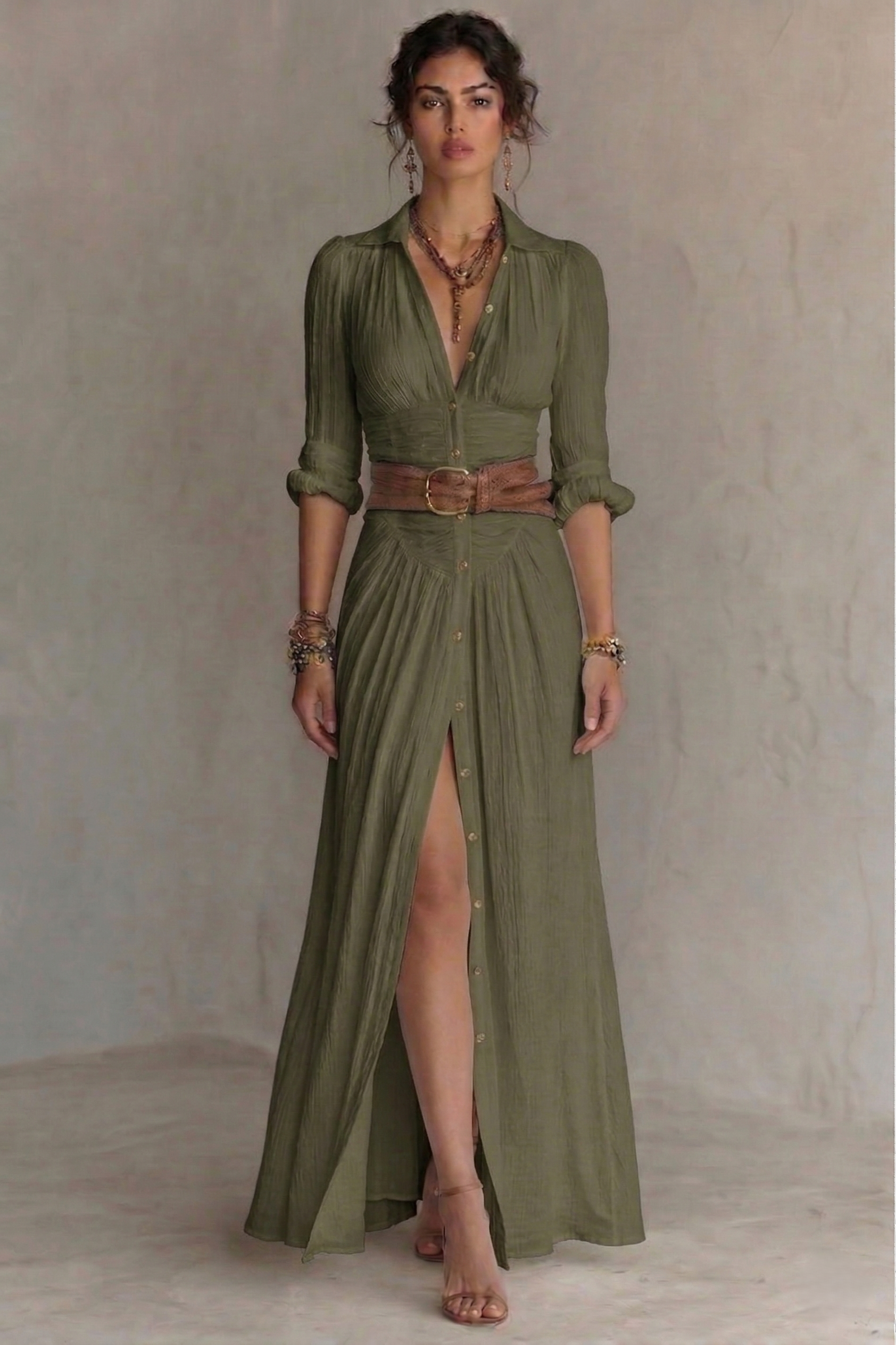 Women's Maxi Dress | Belted V-Neck Pleated & Front Slit