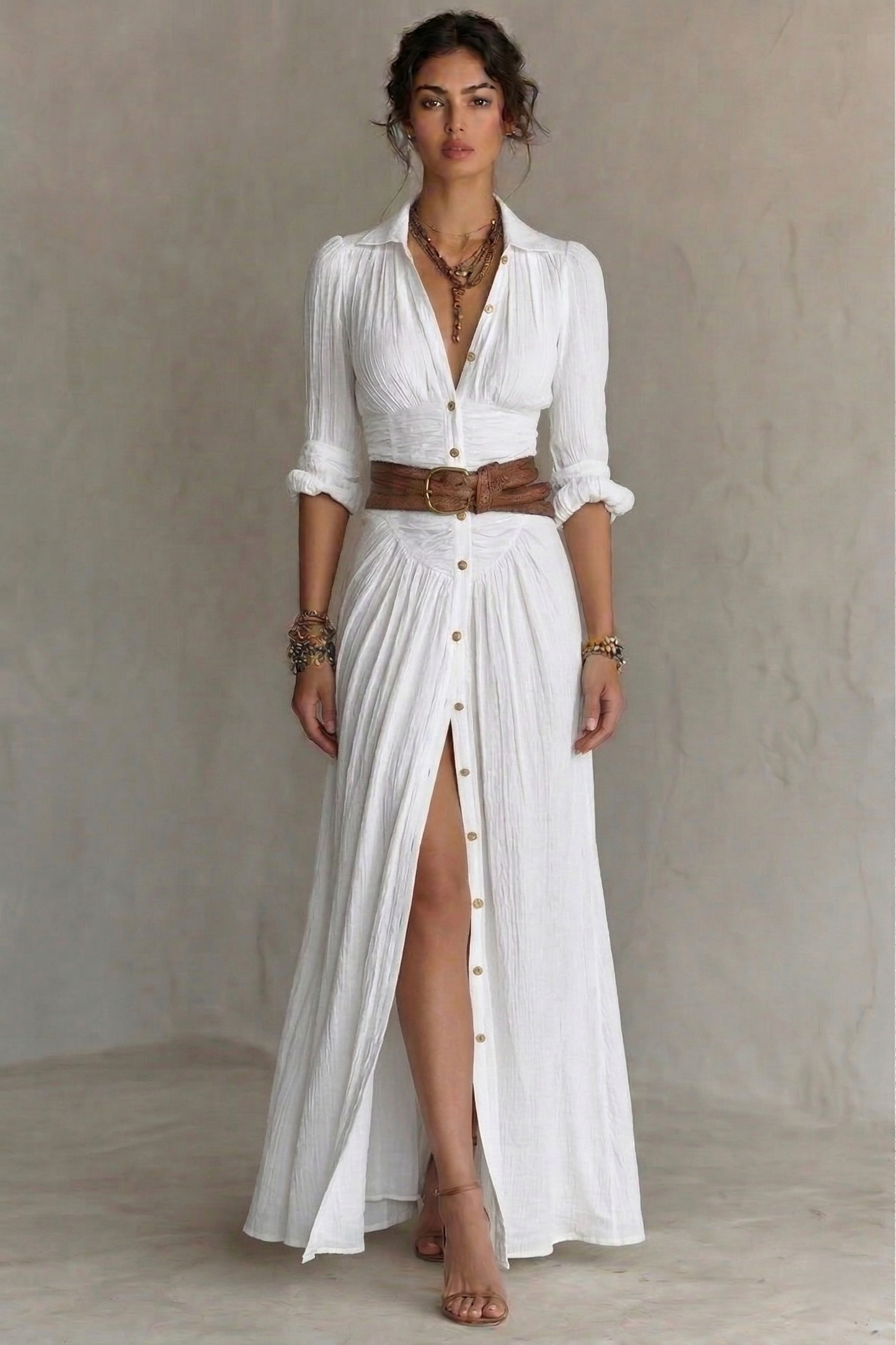 Women's Maxi Dress | Belted V-Neck Pleated & Front Slit