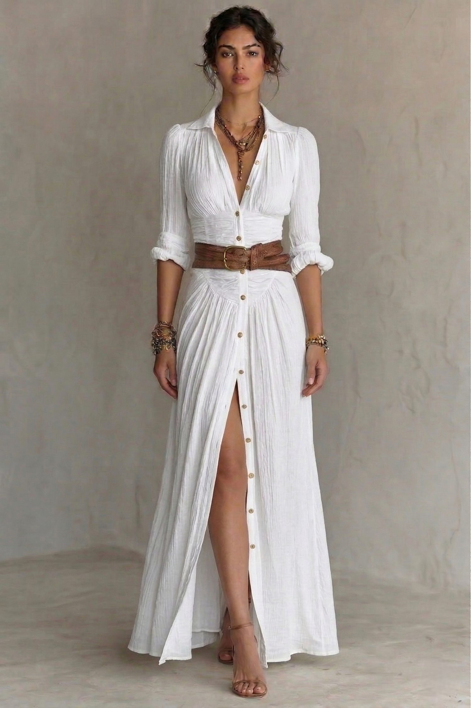 Women's Maxi Dress | Belted V-Neck Pleated & Front Slit