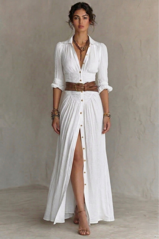 Women's Maxi Dress | Belted V-Neck Pleated & Front Slit