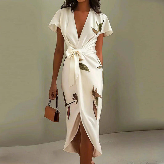 Women's Maxi Dress | Botanical Print Wrap V-Neck & Bow Design