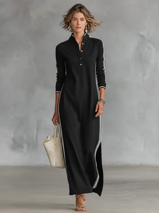 Women's Maxi Dress | Contrast Trim Stand Collar Design