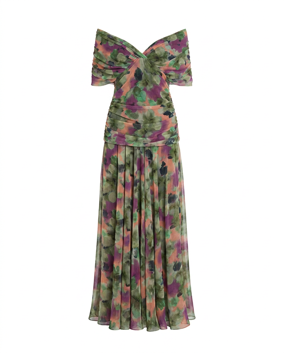 Women's Maxi Dress | Draped V-Neck & Sheer Sleeve Detail