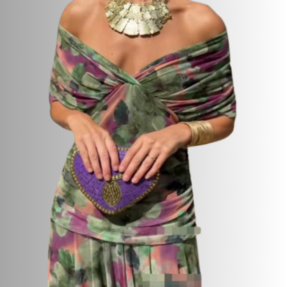 Women's Maxi Dress | Draped V-Neck & Sheer Sleeve Detail