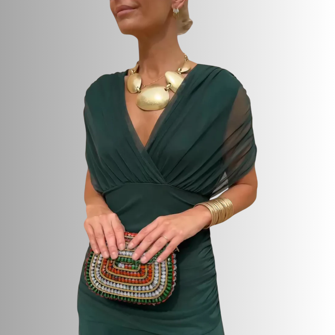 Women's Maxi Dress | Draped V-Neck & Sheer Sleeve Detail