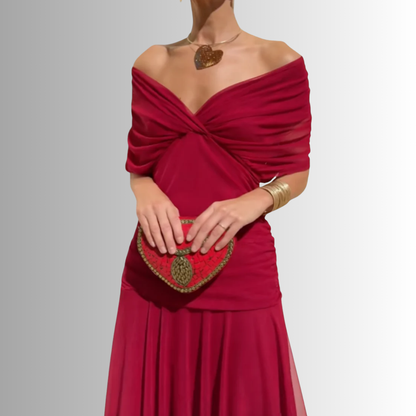 Women's Maxi Dress | Draped V-Neck & Sheer Sleeve Detail
