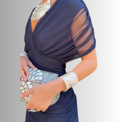 Women's Maxi Dress | Draped V-Neck & Sheer Sleeve Detail
