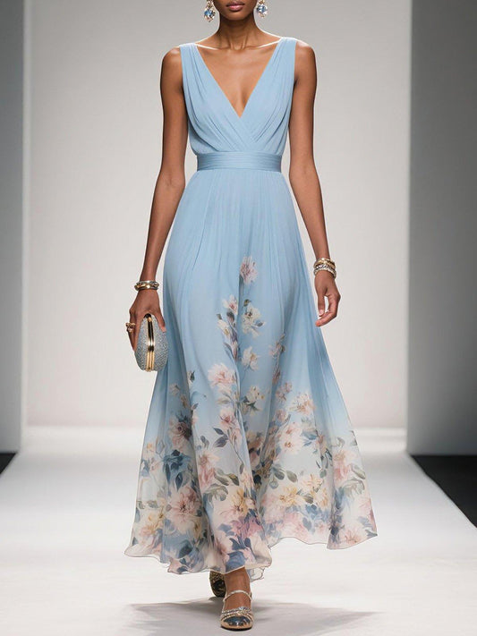 Women's Maxi Dress | Floral Border V-Neck Pleated Design