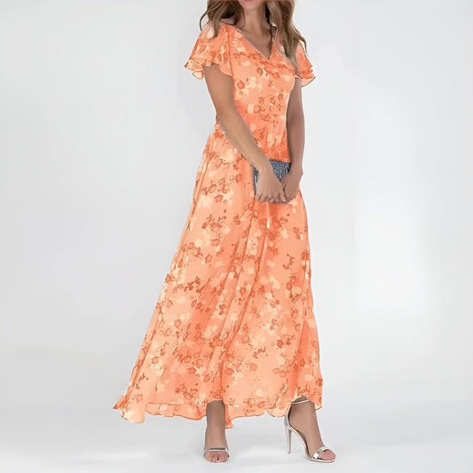Women's Maxi Dress | Floral Print Flowy Chiffon Gown