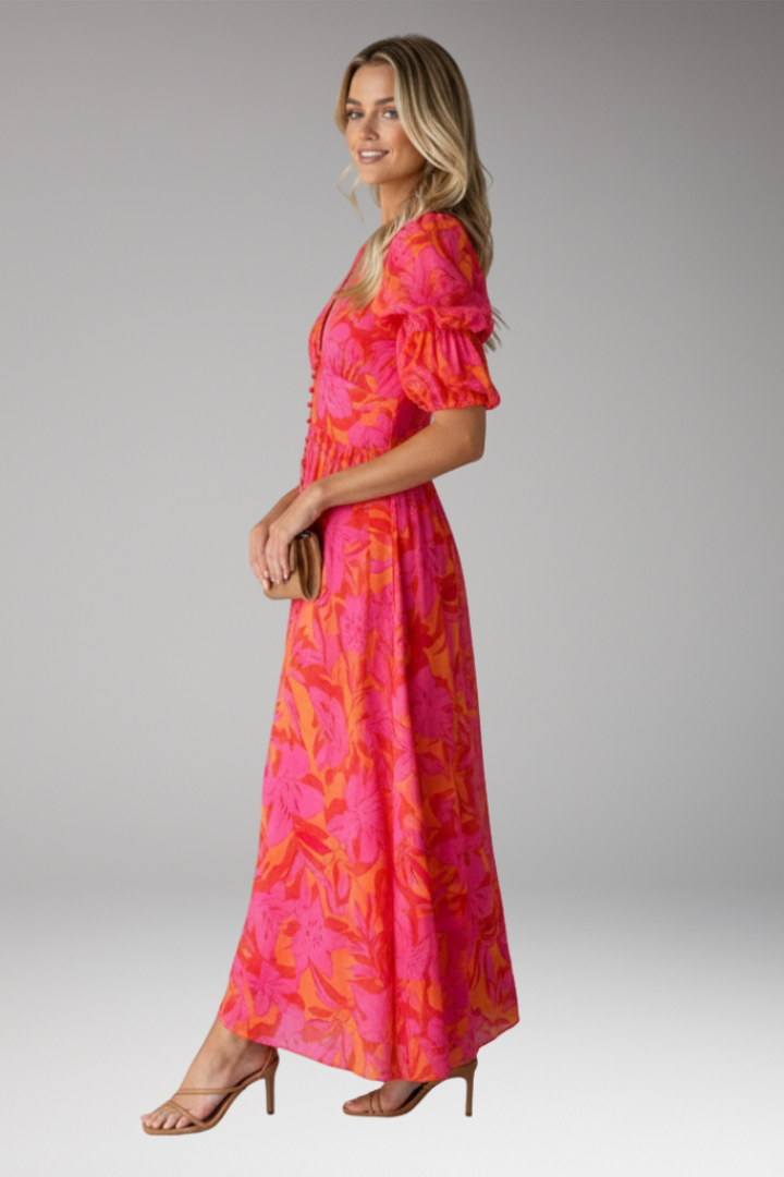 Women's Maxi Dress | Floral Print, V Neck & Puff Sleeves