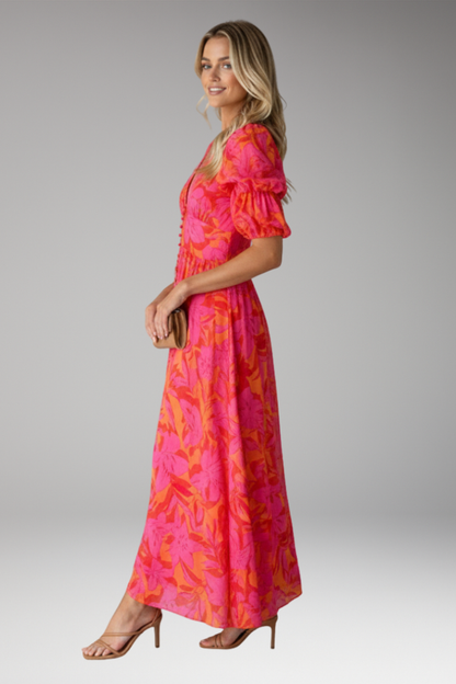 Women's Maxi Dress | Floral Print, V Neck & Puff Sleeves