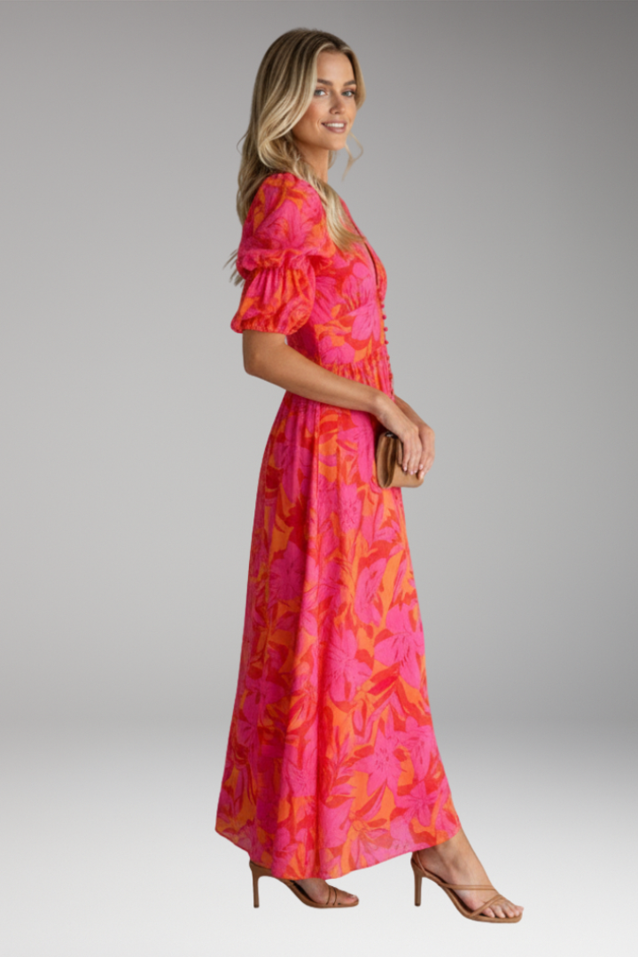 Women's Maxi Dress | Floral Print, V Neck & Puff Sleeves