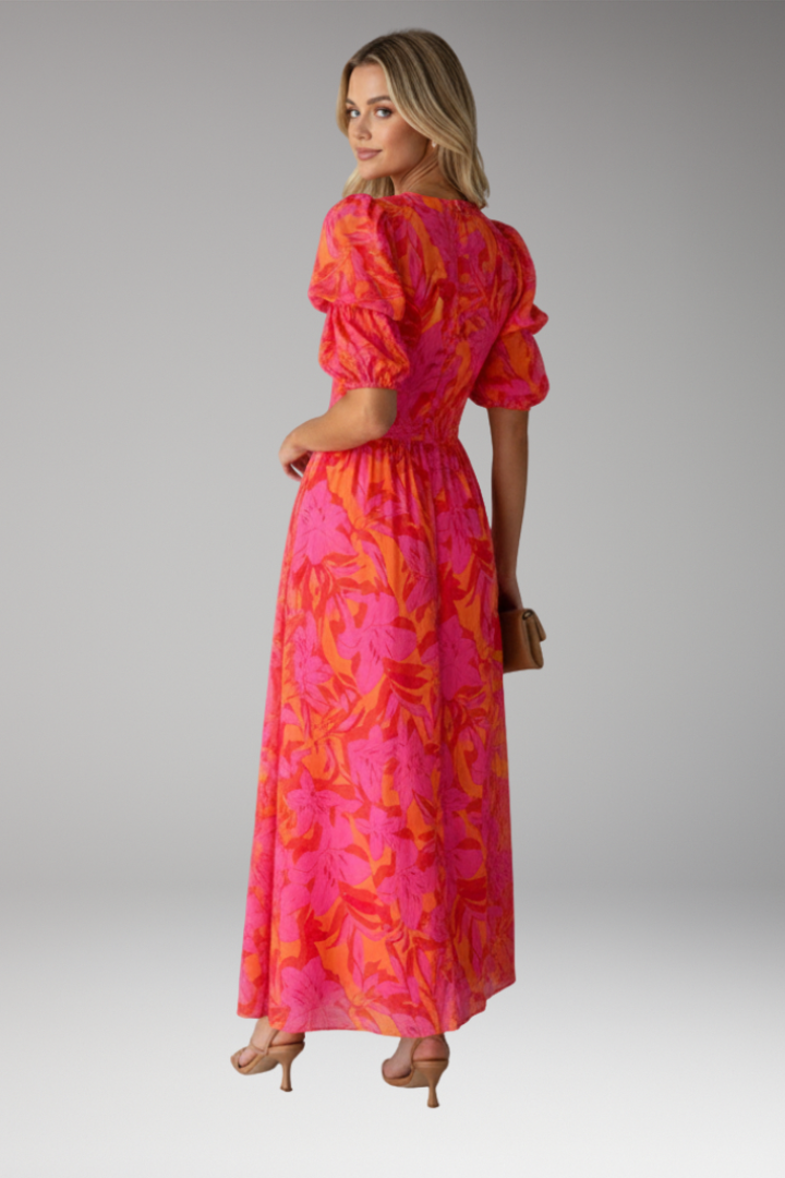 Women's Maxi Dress | Floral Print, V Neck & Puff Sleeves