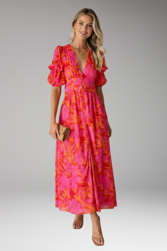 Women's Maxi Dress | Floral Print, V Neck & Puff Sleeves