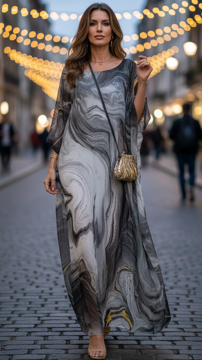 Women's Maxi Dress | Kaftan Style & Flowing Marble Print