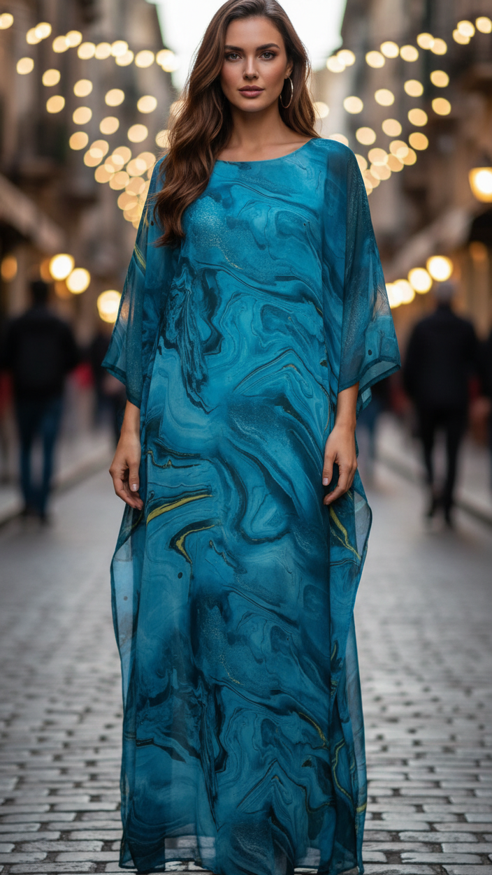 Women's Maxi Dress | Kaftan Style & Flowing Marble Print
