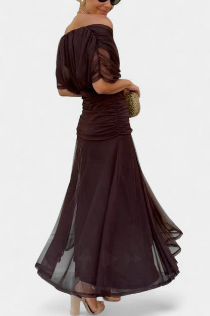Women's Maxi Dress | Off-Shoulder Draped Bodice & Flowing Skirt