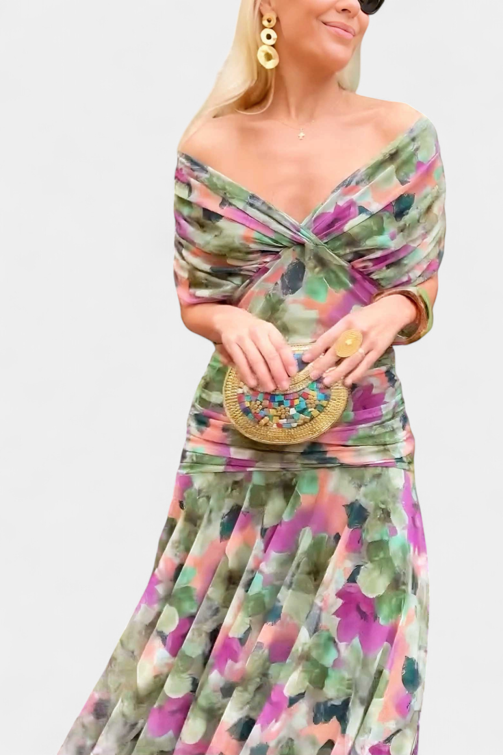 Women's Maxi Dress | Off-Shoulder Draped Bodice & Flowing Skirt