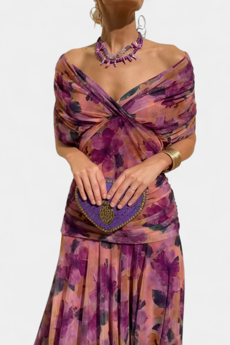 Women's Maxi Dress | Off-Shoulder Draped Bodice & Flowing Skirt