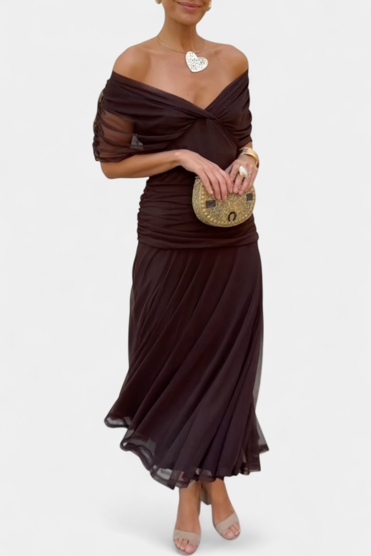Women's Maxi Dress | Off-Shoulder Draped Bodice & Flowing Skirt
