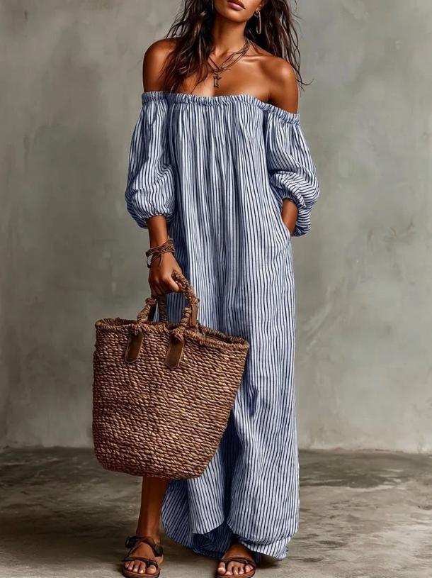 Women's Maxi Dress | Off-Shoulder Striped & Relaxed Fit