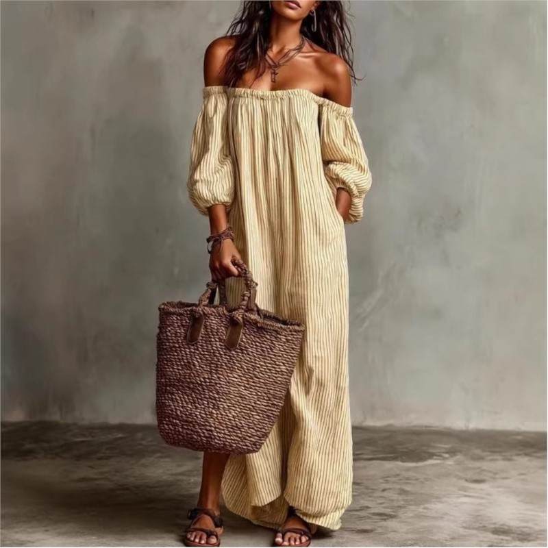 Women's Maxi Dress | Off-Shoulder Striped & Relaxed Fit