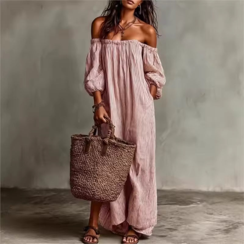 Women's Maxi Dress | Off-Shoulder Striped & Relaxed Fit