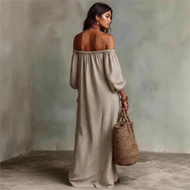 Women's Maxi Dress | Off-Shoulder Striped & Relaxed Fit